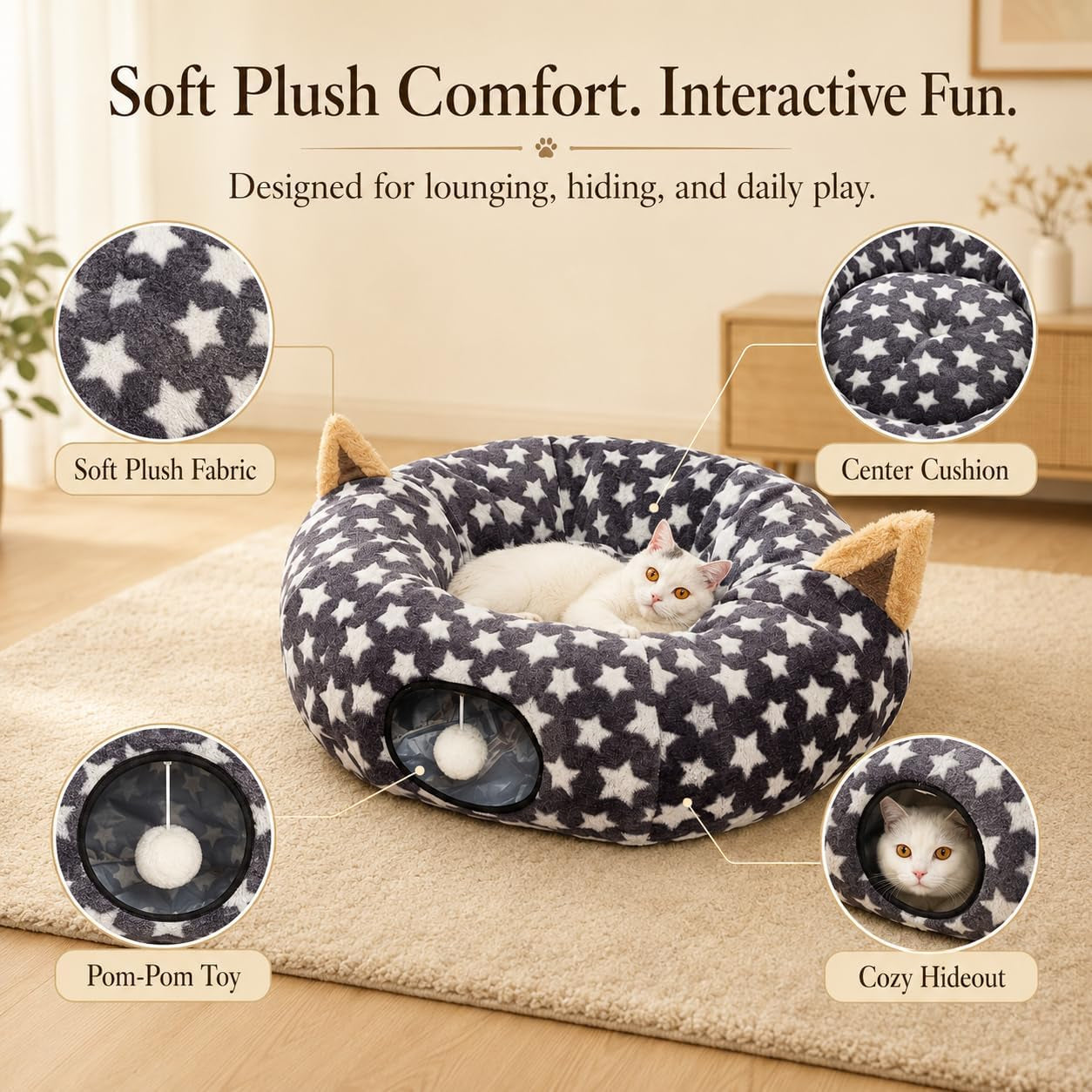Foldable Plush Cat Tunnel Bed with Hanging Toy Balls & Cushion