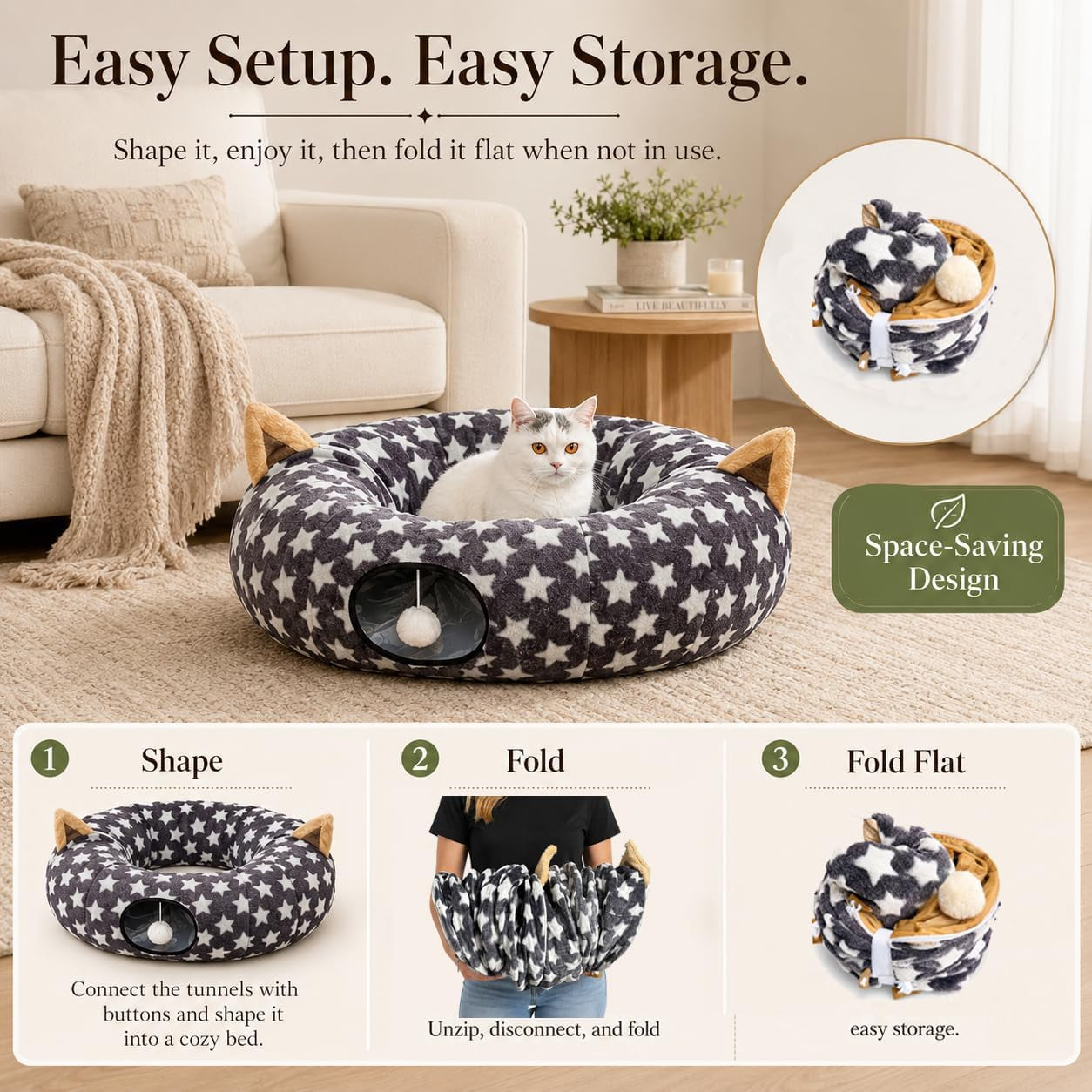 Foldable Plush Cat Tunnel Bed with Hanging Toy Balls & Cushion