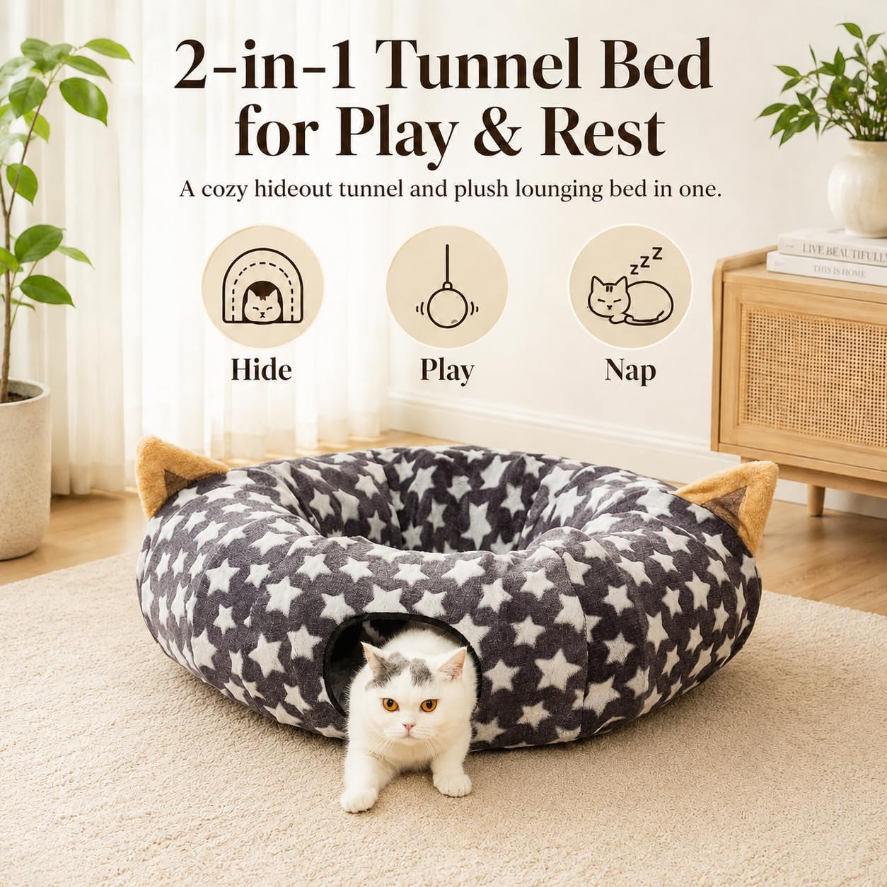 Foldable Plush Cat Tunnel Bed with Hanging Toy Balls & Cushion