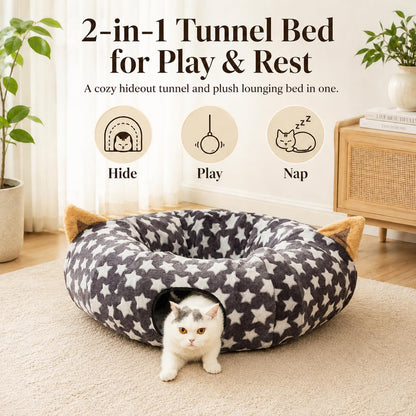 Foldable Plush Cat Tunnel Bed with Hanging Toy Balls & Cushion