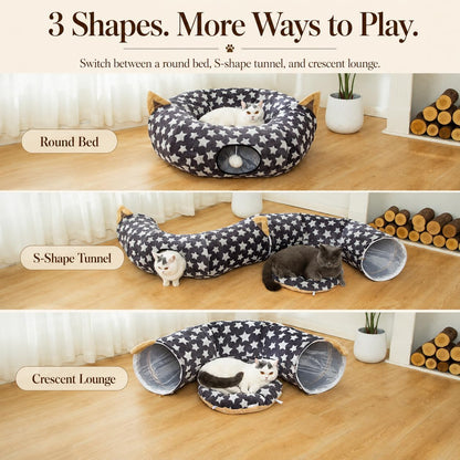 Foldable Plush Cat Tunnel Bed with Hanging Toy Balls & Cushion