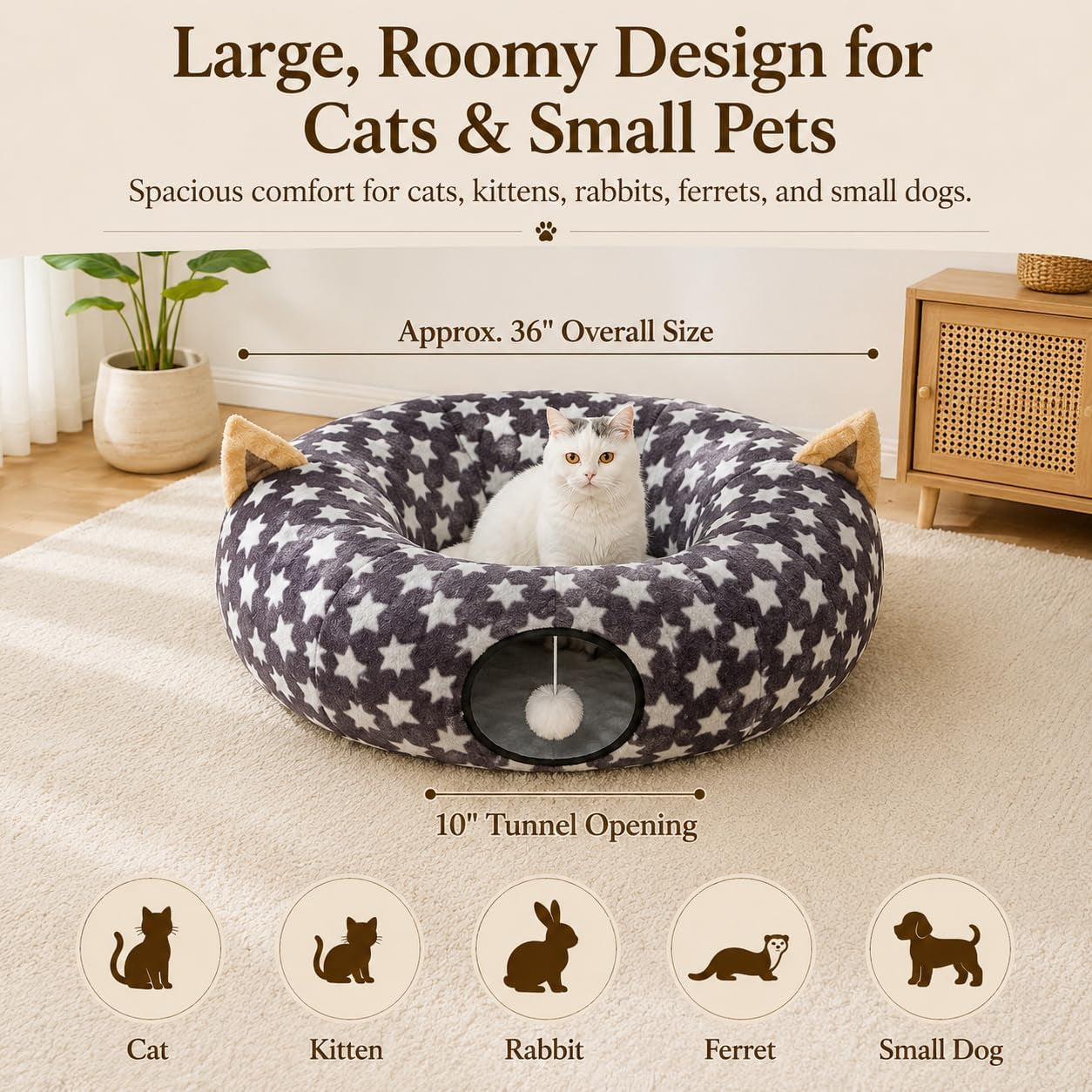 Foldable Plush Cat Tunnel Bed with Hanging Toy Balls & Cushion