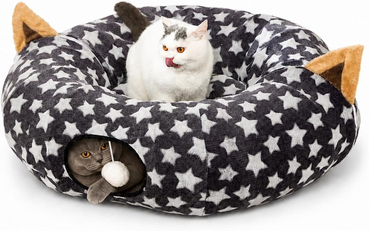 Foldable Plush Cat Tunnel Bed with Hanging Toy Balls & Cushion